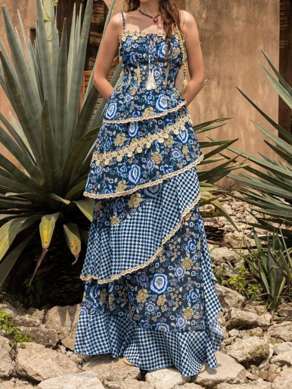 Blue Bohemian Casual Women's Elegant Chiffon Dress with Lace Tassel Tiered Hem - Picture 5 of 11